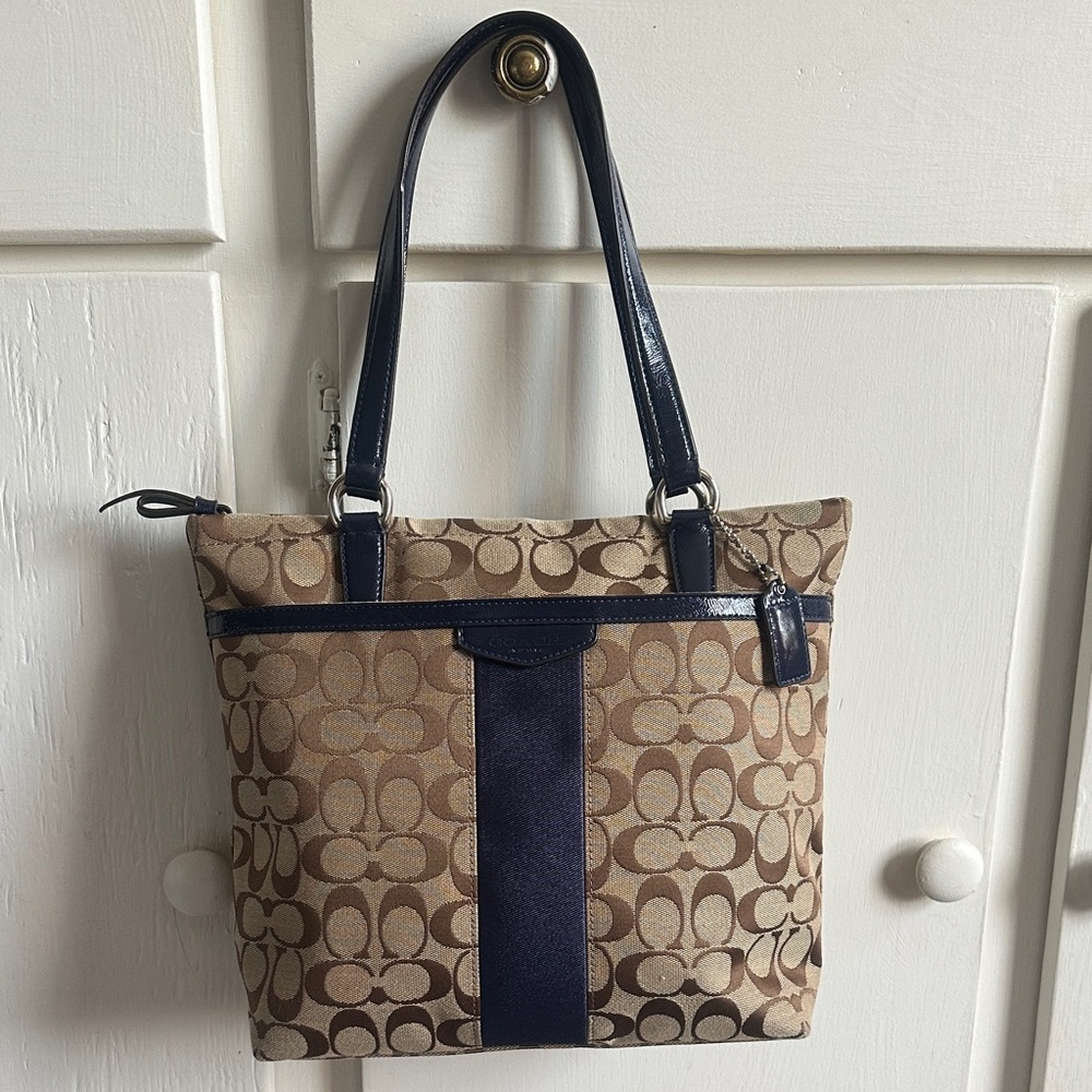Coach Signature Stripe Tote Bag – Navy & Tan Canvas
